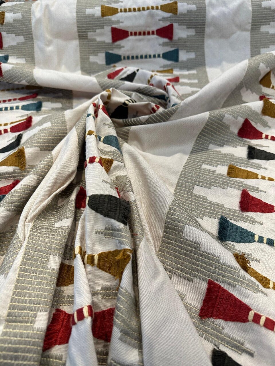 1 Yard Southwestern Embroidered Upholstery Fabric Khaki Beige Tassel Pattern 100% Cotton 57 Inch Width